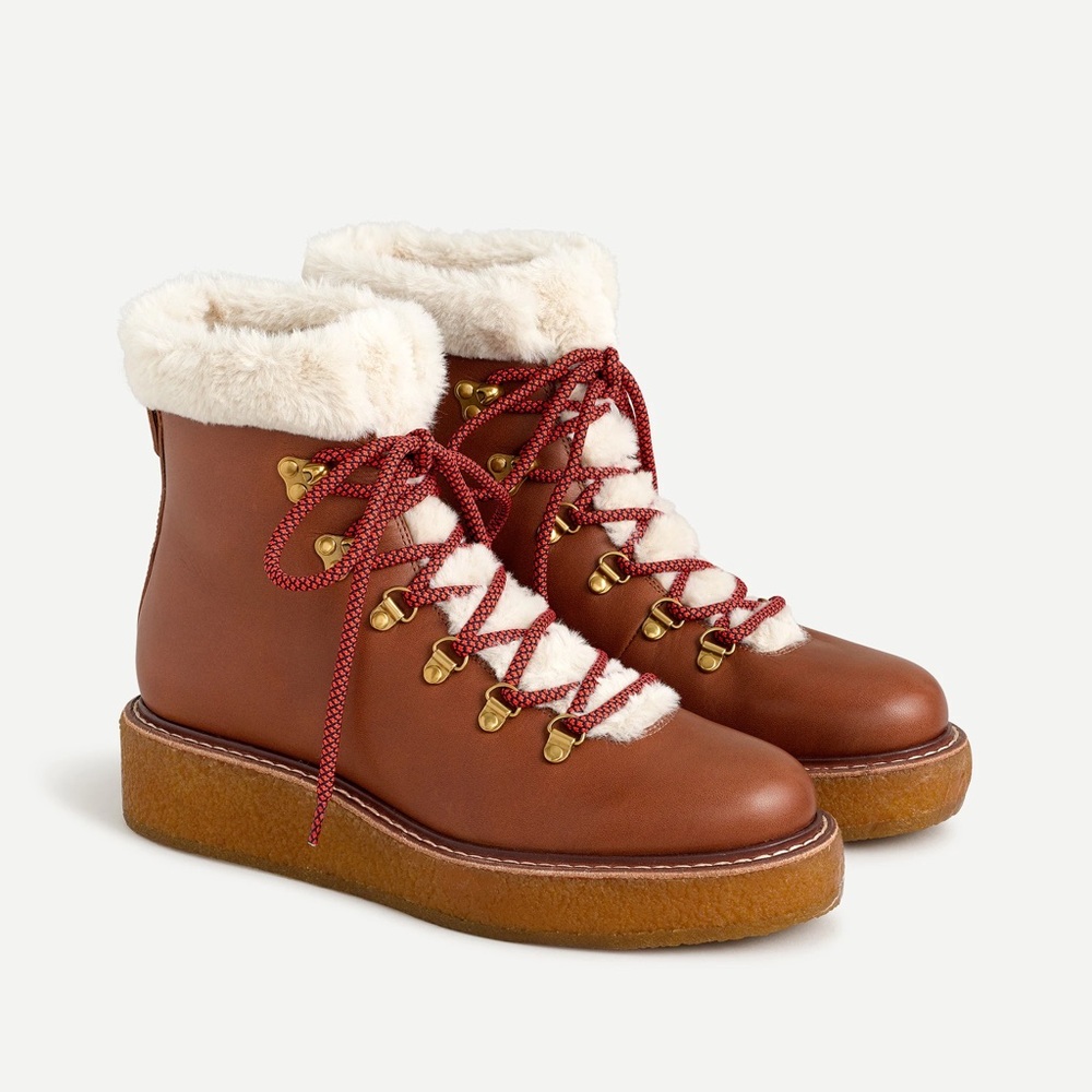 J. Crew Brown Lace Up Boots with Cream Fur Lining